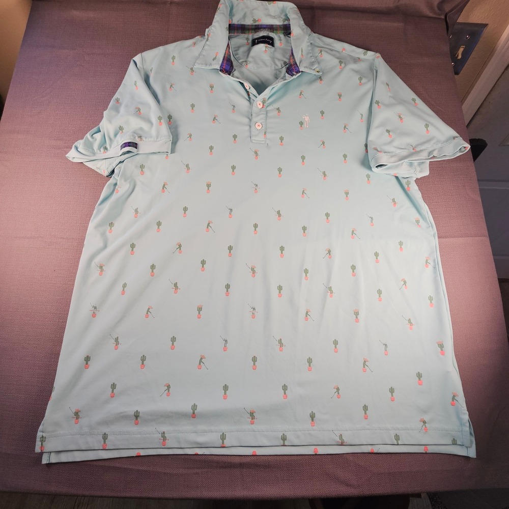 William Murray Golf Mens XL Polo Shirt Light Blue Cactus Print Plaid Trim Strtch